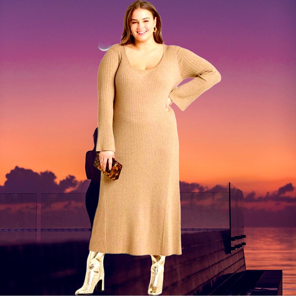 🆕A New Day Women’s Plus-Size Tan Gold-Thread Sparkly Flare-Sleeve Midi Dress❤️3X